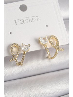 Balkan Grup Pirinç Gold Renk Düğüm Model Zirkon Taşlı Kalp Detay Kadın Küpe