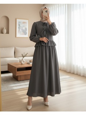 Modamorfo Önü Bağcıklı Kolu Lastikli Etekli Takım -Füme