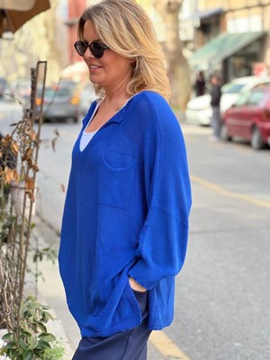 Fibula Meserize Asimetrik Yaka Yarasa Kol Standart Beden Triko Bluz 36-48 Bedenler Arsına Olur