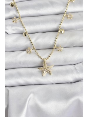 Balkan Grup Pirinç Gold Renk Zirkon Taşlı Deniz Yıldızı Model Kadın Kolye