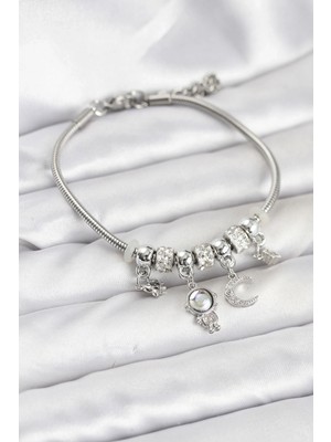 Balkan Grup Pirinç Gümüş Renk Uzay Tema Charmlı Kadın Bileklik