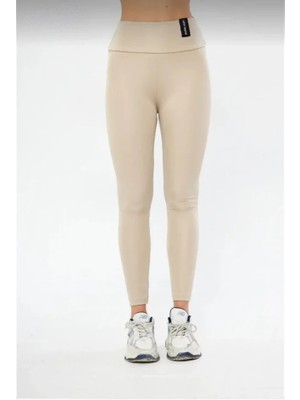 Kışlık Yüksek Bel Toparlayicı ve Sıkılaştırıcı Likralı Şardonlu Tayt - Bej