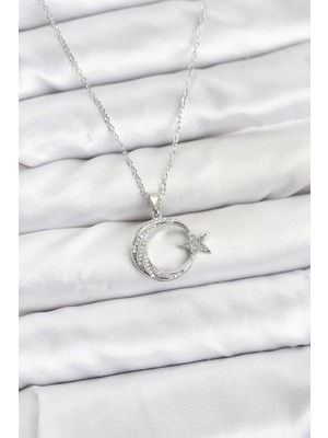 Balkan Grup 316L Çelik Zincir Gümüş Renk Ay Yıldız Model Zirkon Taşlı Kadın Kolye