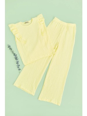 FullaModa Kolu Fırfırlı Dokulu Kız Çocuk 2 Li Takım