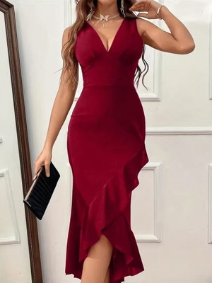 Tua Moda Kadın Askılı V Yakalı Önden Fırfırlı Uzun Ithal Krep Elbise