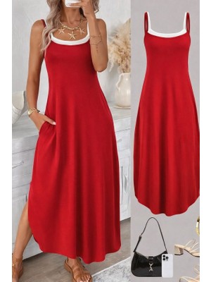 Tua Moda Kadın Ip Askılı Yuvarlak Yakalı Cepli Uzun Viskon Elbise