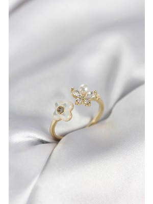 Balkan Grup Gold Renk Sedefli Çiçek Model Kadın Yüzük