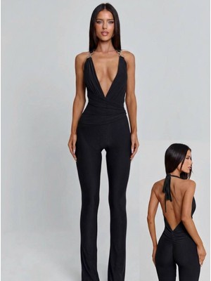 Aura Modist Kadın Boyundan Bağlamalı Derin Dekolteli ve Sırt Detaylı Tulum M - Siyah