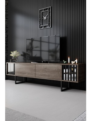 Line Chrome Demir Ayaklı Ceviz Tv Ünitesi Tv Sehpası