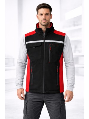 Önlemiş Önlem Iş | Siyah Kırmızı Softshell Yelek Erkek Reflektörlü Çok Cepli Iş Yeleği Outdoor