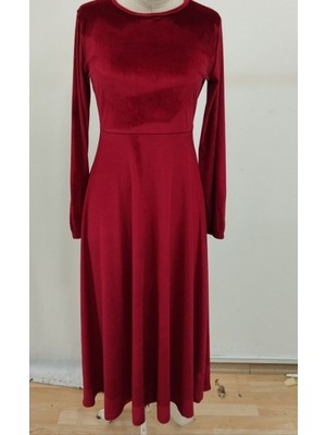 Munn Collection Kadın Uzun Kollu Bisiklet Yaka Midi Kadife Elbise