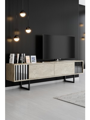 Line Chrome Siyah Demir Ayaklı Duvara Montaj Yapılabilen Traverten Tv Ünitesi Tv Sehpası