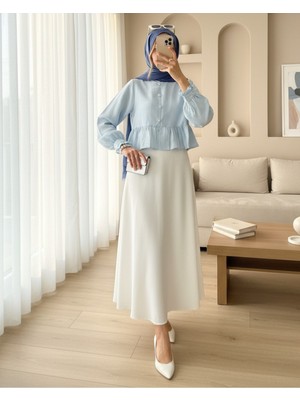 Modamorfo Eteği ve Kolu Fırfırlı Taşlı Düğmeli Modal Kumaş Gömlek -Bebe Mavi