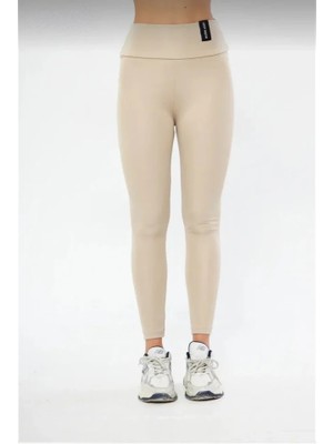 Ayşegul Hediyelik Kışlık Yüksek Bel Toparlayicı ve Sıkılaştırıcı Likralı Şardonlu Tayt - Bej