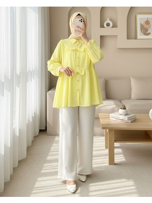 Modamorfo Önü Fiyonk Detaylı Parçalı Gömlek  -Açık Sarı