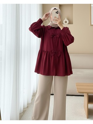 Modamorfo Önü Fiyonk Detaylı Parçalı Gömlek  -Bordo