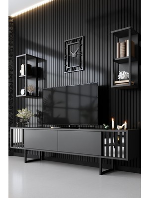 Line Chrome Demir Ayaklı Duvar Raflı Antrasit Tv Ünitesi Tv Sehpası