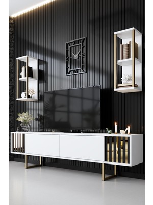 Line Gold Demir Ayaklı Duvar Raflı Beyaz Tv Ünitesi Tv Sehpası