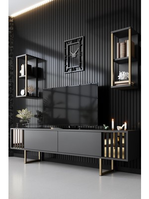 Line Gold Demir Ayaklı Duvar Raflı Antrasit Tv Ünitesi Tv Sehpası