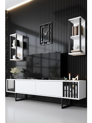 Modatte Line Chrome Demir Ayaklı Duvar Raflı Beyaz Tv Ünitesi Tv Sehpası