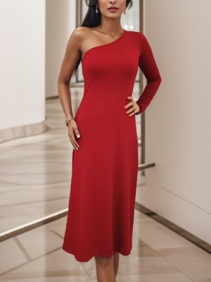 Bizcomoda Kadın Uzun Kollu Tek Omuz Detay Krep Elbise