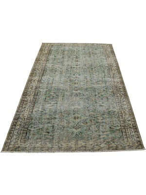 Zehra Abla Halı Vintage El Dokuma Çiçekli Eskitme Lüks Yeşil Yün Salon Halısı 7095