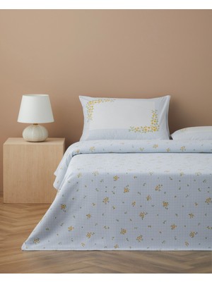 English Home Pure Summer Baskılı Pamuklu Çift Kişilik Pike Takımı 200X220 cm Mavi