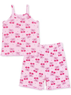 Hellobaby Kız Bebek Pijama Takımı Kiraz Baskılı Bisiklet Yaka Kısa Kol Reçme