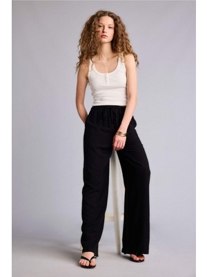 DeFacto Wide Leg Cepli Yüksek Bel Standart Boy Keten Karışımlı Pantolon F5024AX26SM