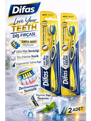 Difaş Love Your Teeth Fırçası 2 Adet Orta Sert Medium Ergonomik Saplı Manuel Fırçası
