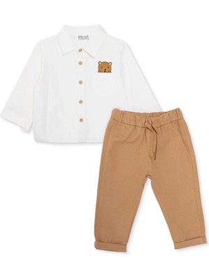 Hellobaby Erkek Bebek Ayı Baskılı Düğmeli Gömlek Yaka Uzun Kol Duble