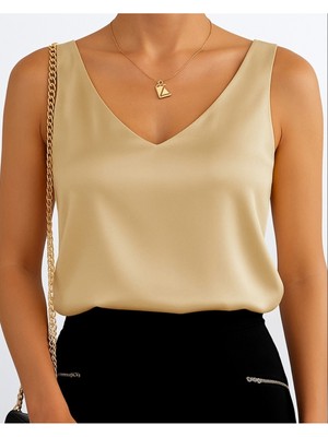 Modamorfo V Yaka Sıfır Kol Saten Bluz   -Sarı