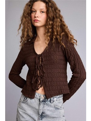 DeFacto Fitted Gömlek Yaka Bürümcük Uzun Kollu Bluz G9513AX26SP