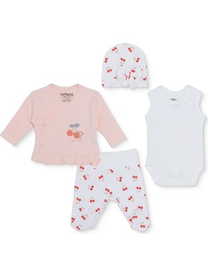 Tiffany Kız Bebek Prematüre Set Kiraz Baskılı Çıtçıtlı Zarf Yaka Uzun Kol Patikli