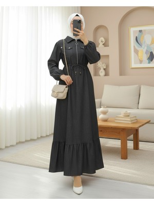 Modamorfo Tünel Bağcıklı Yarım Fermuarlı Cepli Kot Elbise -Antrasit