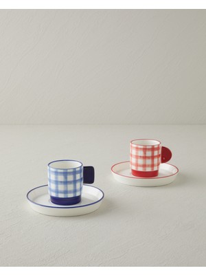 English Home Check & Sip Porselen 4 Parça 2 Kişilik Kahve Fincan Takımı 90 ml Kırmızı - Lacivert