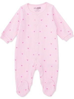 Hellobaby Kız Bebek Tulum Kalp Baskılı Fermuarlı Bisiklet Yaka Uzun Kol Patikli