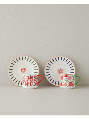 English Home Bright Match New Bone China 4 Parça 2 Kişilik Kahve Fincan Takımı 90 ml Renkli