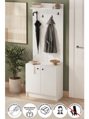 Bofigo 2 Kapaklı Portmanto Elbise Askılığı Vestiyer Ayakkabılık Askılık Güneş Beyaz