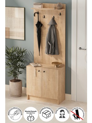 Bofigo 2 Kapaklı Portmanto Elbise Askılığı Vestiyer Ayakkabılık Askılık Güneş Safir Meşe