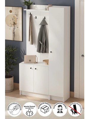 Bofigo 3 Kapaklı Portmanto Elbise Askılığı 7 Bölmeli Vestiyer Ayakkabılık Güneş Buketi Beyaz