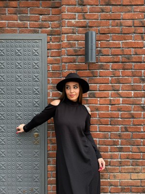 Civetta Kadın Balıkçı Yaka Omuzlardan Açık Uzun Kollu Janjan Krep Elbise