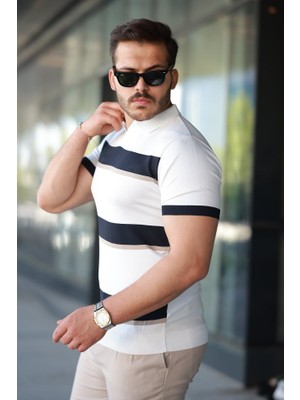 Deridün Yıldız Shoes Erkek Şerit Desenli Hemşire Yaka Kısa Kollu Tişört