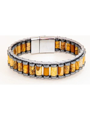 Perlavita El Yapımı Orijinal Kahve Jasper Çelik Erkek Bileklik - Sertifikalı Özel Tasarım Erkeğe Hediye (21.5 Cm)