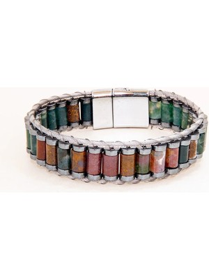 Perlavita El Yapımı Orijinal Yosunlu Akik Çelik Erkek Bileklik - Sertifikalı Özel Tasarım Erkeğe Hediye (21.5 Cm)