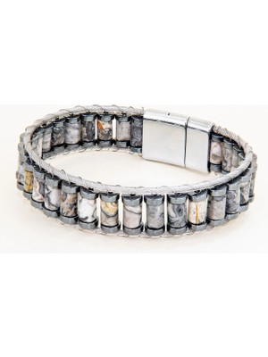 Perlavita El Yapımı Orijinal Beyaz Jasper Çelik Erkek Bileklik - Sertifikalı Özel Tasarım Erkeğe Hediye (21.5 Cm)