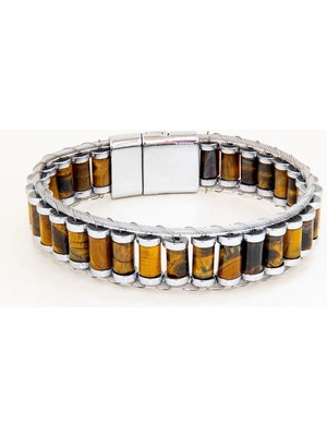 Perlavita El Yapımı Orijinal Kaplan Gözü Çelik Erkek Bileklik - Sertifikalı Özel Tasarım Erkeğe Hediye (21.5 Cm)