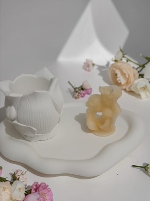 Doğal El Yapımı Lotus Çiçekli Obje ve Melek Mum Seti - Dekoratif Sunum Tablalı