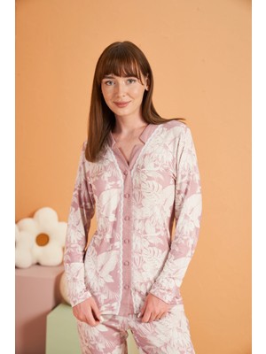Gecem Giyim Pjs 28017 Kadın Uzun Kol Önü Düğmeli Pijama Takım