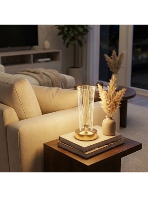 Go İthalat Silindirik Kristal Nokta Model LED Masa Lambası – Gold Tabanlı, Dokunmatik, 3 Renk Işık Modlu, Şarjlı Modern Dekoratif Gece Lambası (5440)